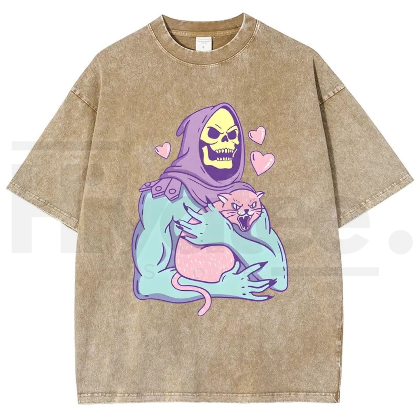 Urban Funny Skull Cat Unisex Graphic T-Shirt – 80s 90s Retro Streetwear Heavyweight Cotton Washed Tee