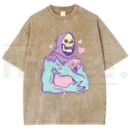 Urban Funny Skull Cat Unisex Graphic T-Shirt – 80s 90s Retro Streetwear Heavyweight Cotton Washed Tee