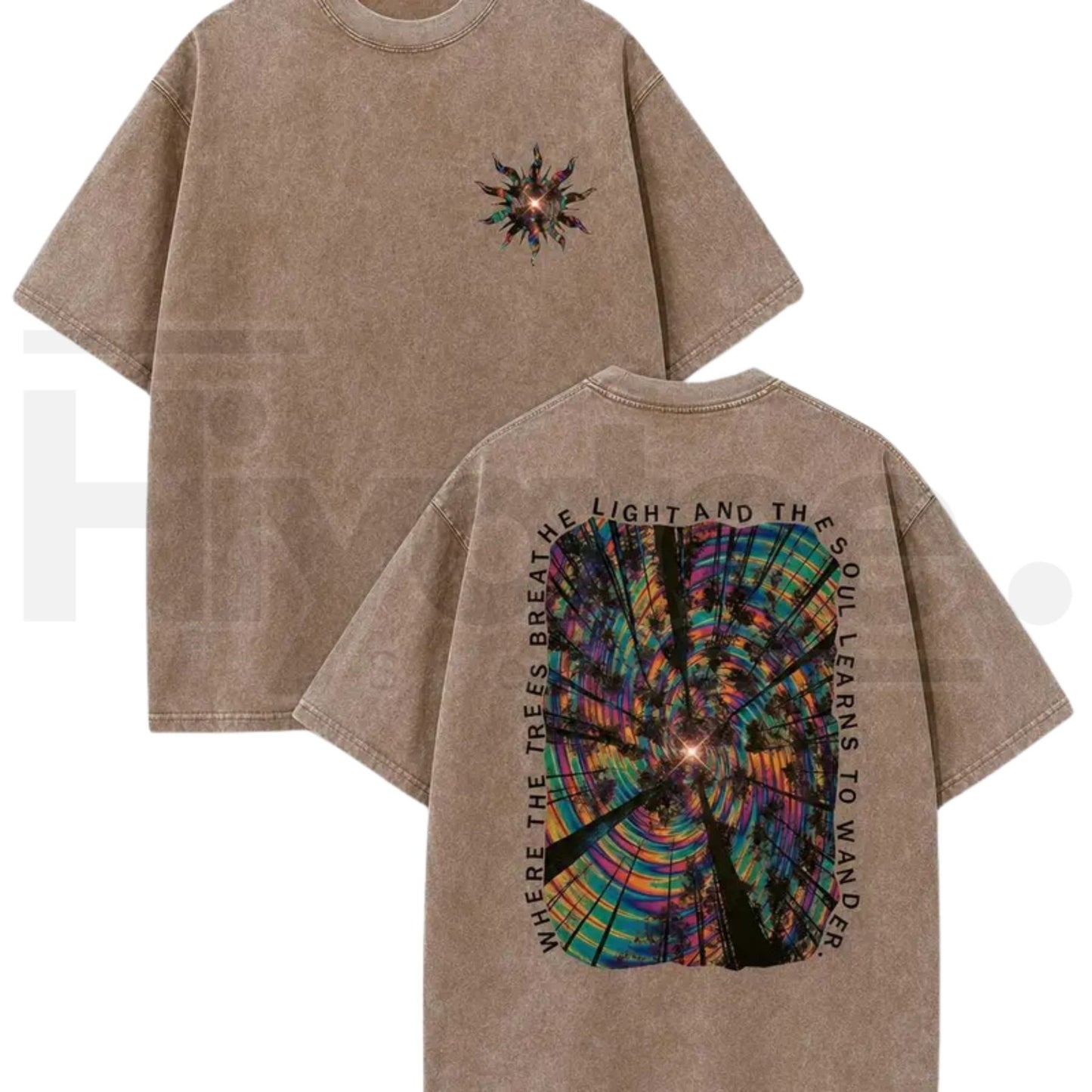 Vintage Acid Wash Trippy Forest Graphic Tee – Psychedelic Festival Y2K Oversized Cotton Shirt