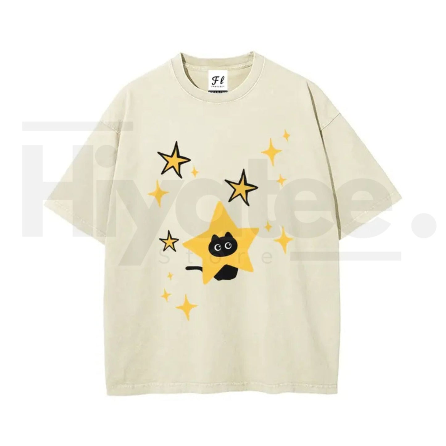Unisex Minimalist Black Cartoon Kitten and Five-Pointed Star Graphic Washed T-Shirt – Y2K Vintage Oversized Cotton Top