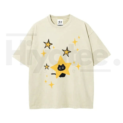 Unisex Minimalist Black Cartoon Kitten and Five-Pointed Star Graphic Washed T-Shirt – Y2K Vintage Oversized Cotton Top