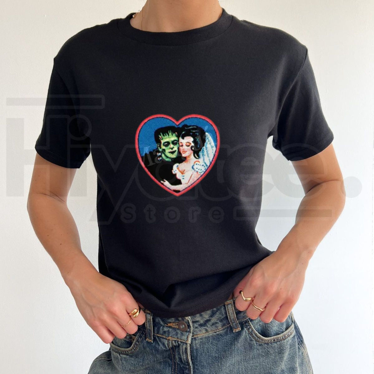 Retro Frankenstein Monster Baby Tee – Vintage 2000s Dark Fantasy Y2K Style Halloween Shirt