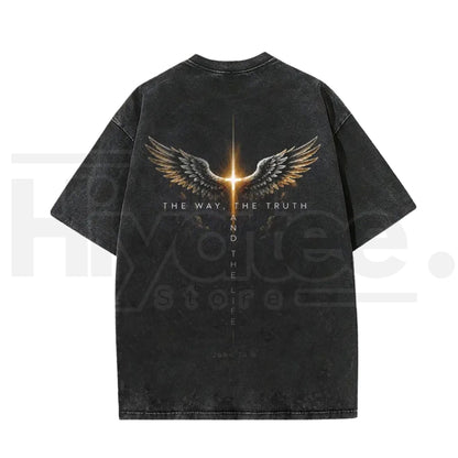 Glowing Cross Angel Wings Christian T-Shirt – Vintage Washed John Gospel Faith Graphic Tee