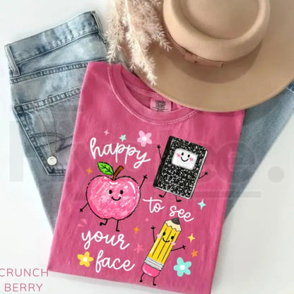 Comfort Colors Happy To See Your Face Shirt – Retro Preschool Teacher Back to School Graphic Tee, Cute Educator Gift