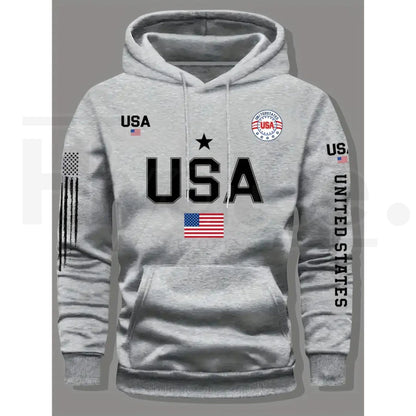 USA Flag Print Men’s Fleece Hoodie – United States Letter Print Unisex Knit Pullover for Couples & Students, 2026 Spring Fashion