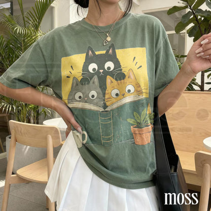 Retro Curious Reading Cats Graphic Tee Comfort Colors Book Lover Shirt