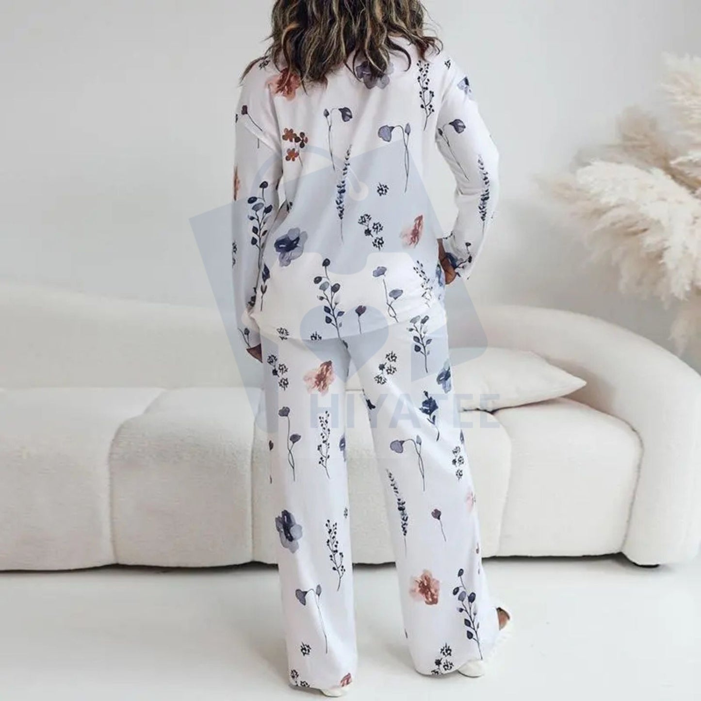 ChicMe Floral Print Satin-Feel Pajama Set with Pockets – Round Neck Long Sleeve Top & Casual Pants