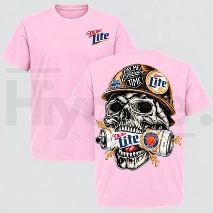 Men's Miller Lite Skull T-Shirt – Retro Blue Collar Workwear Beer Graphic Tee