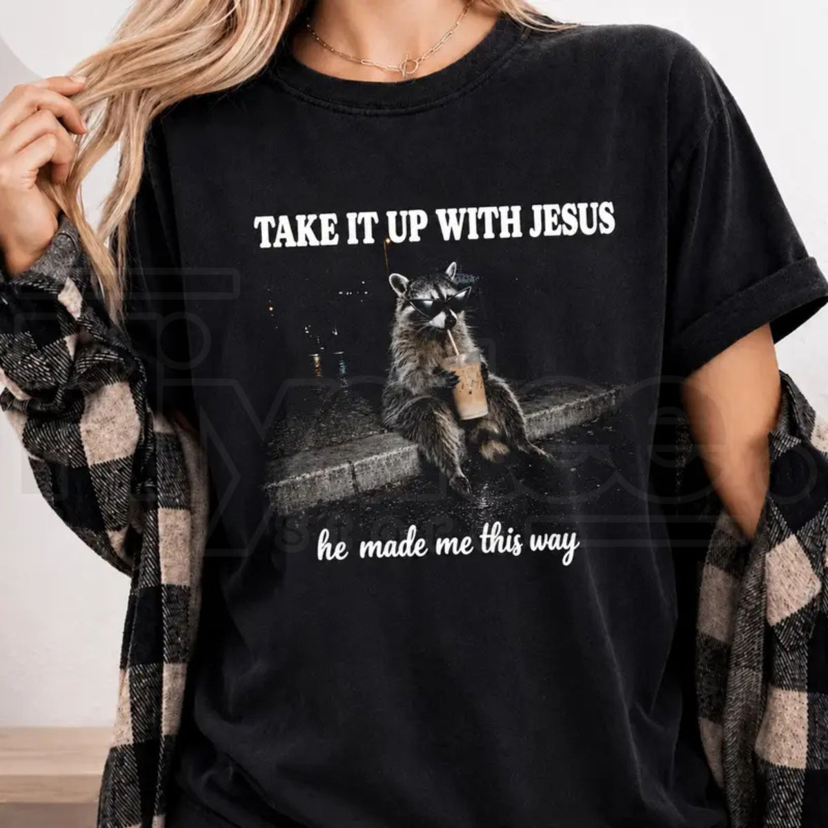 Comfort Colors Grunge Raccoon Holding Bubble Tea Christian Tee