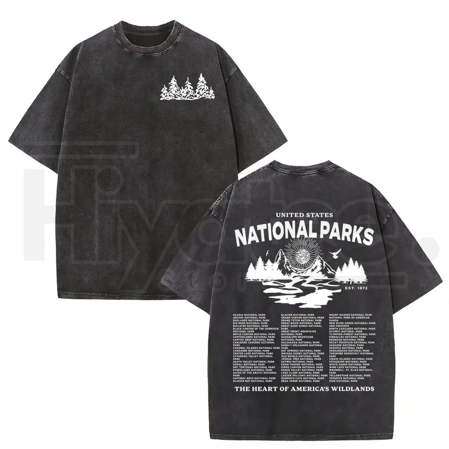 Vintage Wash National Parks Graphic Tee – Retro Nature Acid Washed Heavyweight Streetwear Shirt