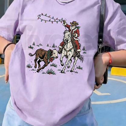 Comfort Colors Cowboy Santa Western Christmas Horseback Tee