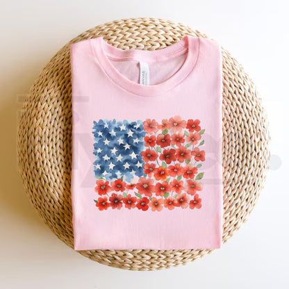 Floral American Flag T-Shirt – Patriotic Red Poppy 4th Of July Women's Tee