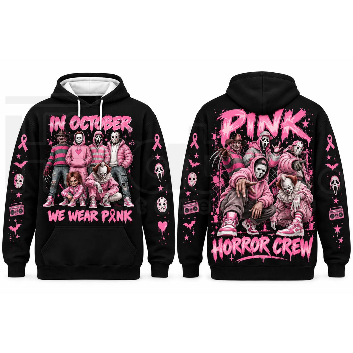 In October We Wear Pink Horror Hoodie – Spooky Movie Character Pink Ribbon Graphic Pullover, Breast Cancer Awareness Halloween