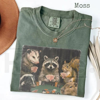 Comfort Colors Animals Playing Poker T-Shirt – Funny Meme Tee, Raccoon Opossum Capybara Graphic Shirt