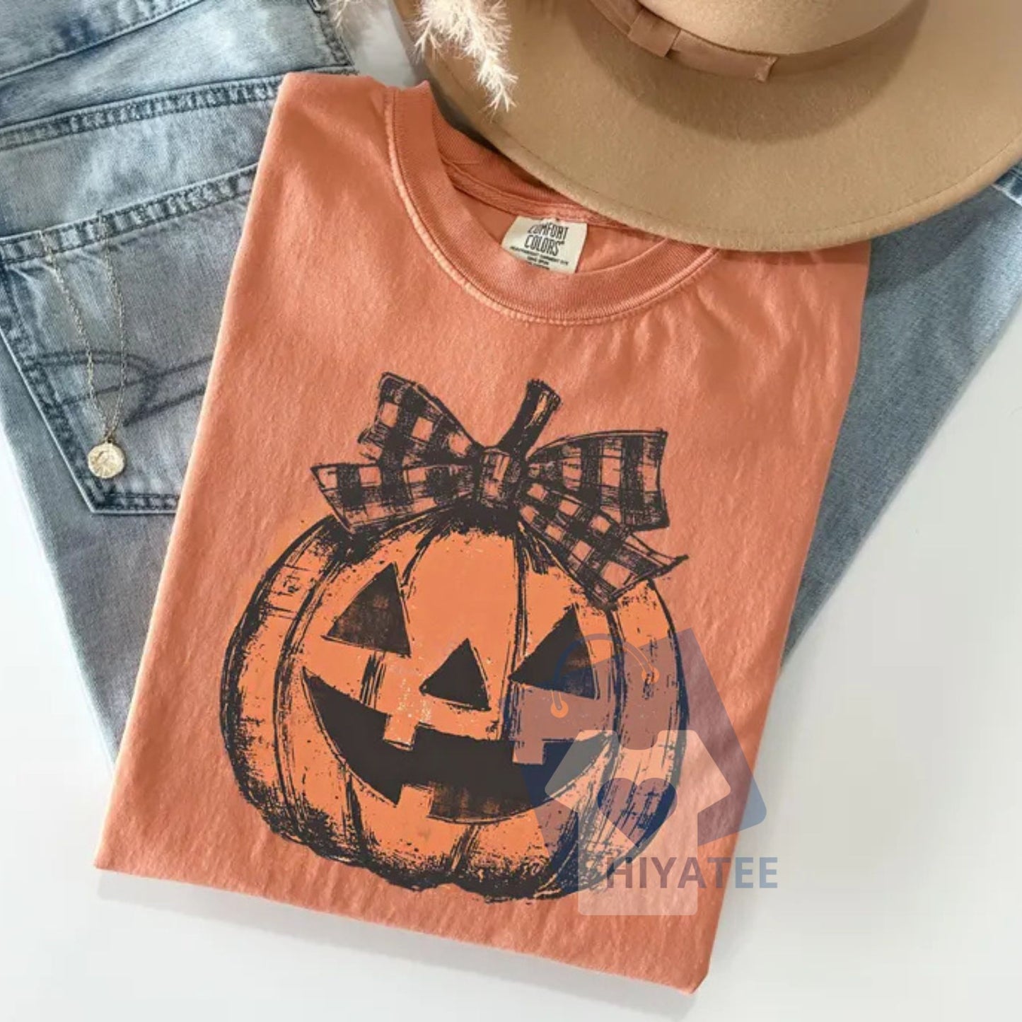 Comfort Colors Preppy Jack o' Lantern Shirt – Coquette Halloween T-Shirt, Women's Pumpkin Bow Tee, Trendy Retro Fall