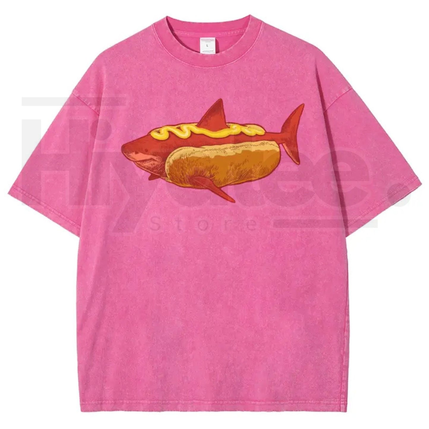 Shark Hotdog Funny Food Meme Vintage Washed Tee – Weirdcore Ocean Animal Graphic T-Shirt