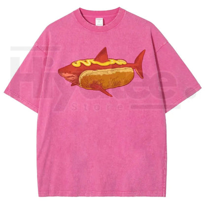 Shark Hotdog Funny Food Meme Vintage Washed Tee – Weirdcore Ocean Animal Graphic T-Shirt