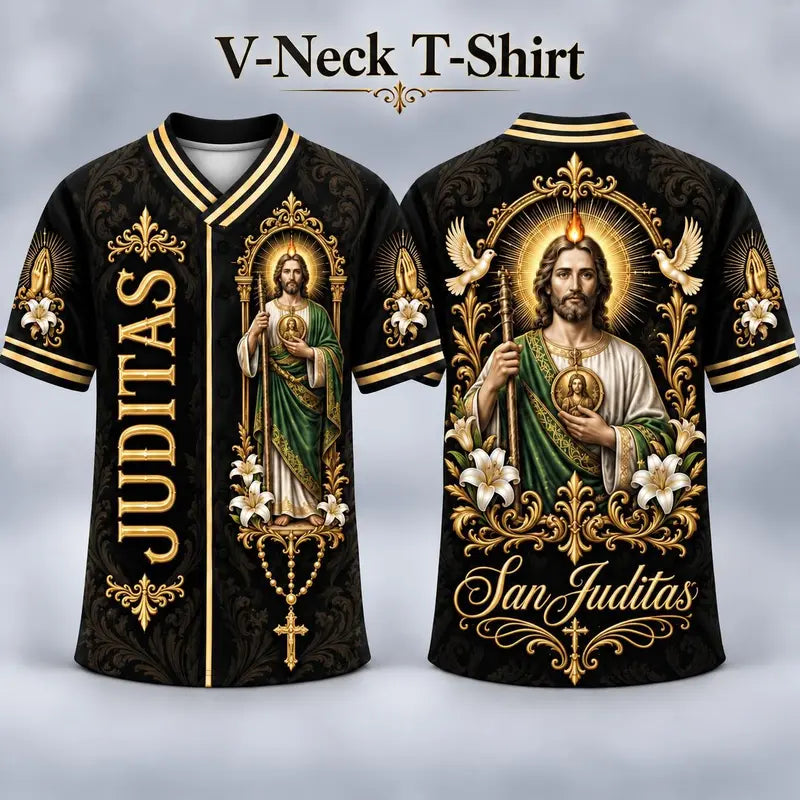 Men's San Judas Tadeo Graphic V-Neck Shirt & Baseball Jersey Style Top