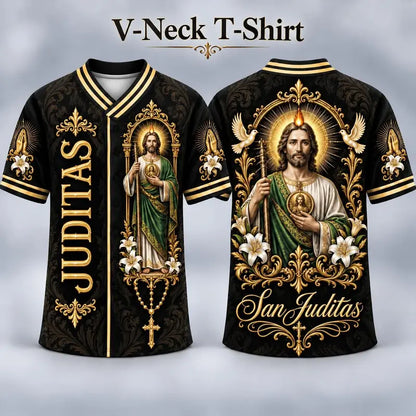 Men's San Judas Tadeo Graphic V-Neck Shirt & Baseball Jersey Style Top