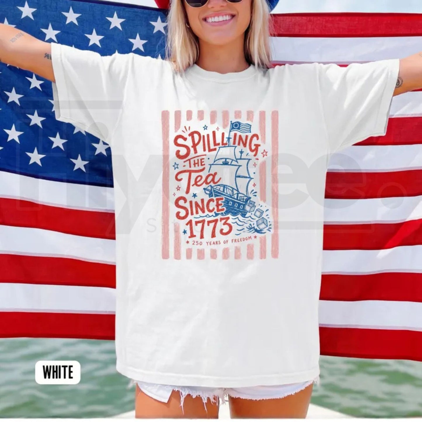Striped Spilling The Tea Since 1773 Shirt – Funny 4th of July Tee, Preppy Patriotic USA Party T-Shirt, 250th Anniversary Merch