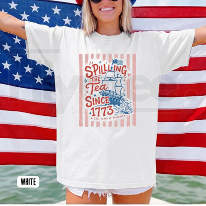 Striped Spilling The Tea Since 1773 Shirt – Funny 4th of July Tee, Preppy Patriotic USA Party T-Shirt, 250th Anniversary Merch