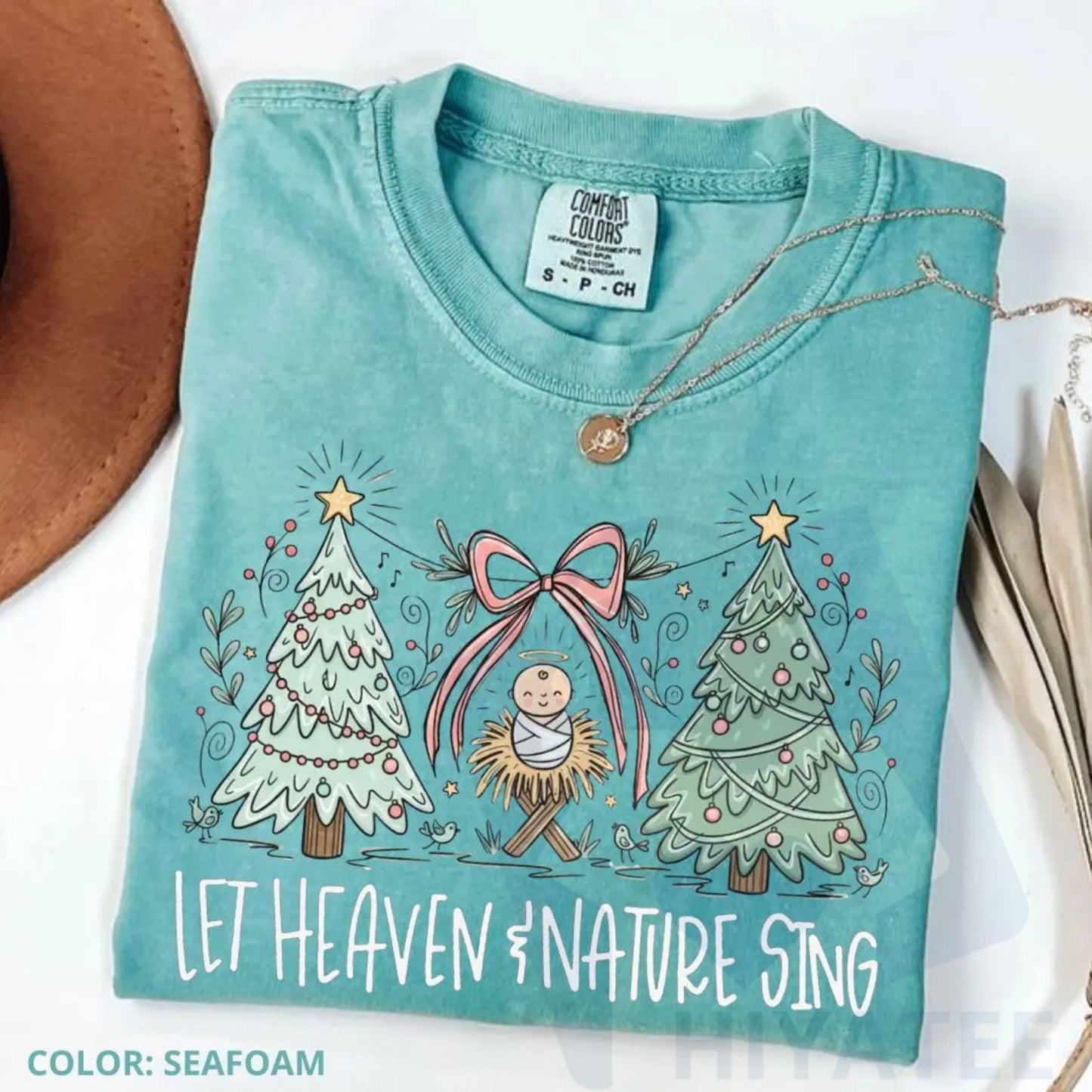 Comfort Colors "Heaven and Nature Sing" T-Shirt – Whimsical Christmas Nativity Bow Trees Tee