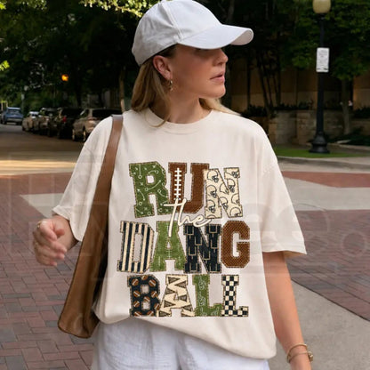 Patchwork Run The Dang Ball Shirt Leopard Football Mom Retro Game Day Tee