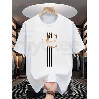 Men's Casual Calvin Print T-Shirt – Black & Gold Striped Street Style Essential