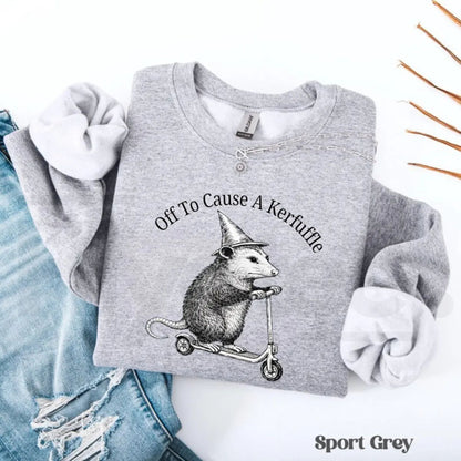 Off To Cause A Kerfuffle Sweatshirt: Funny Opossum Scooter Mental Health Sweater