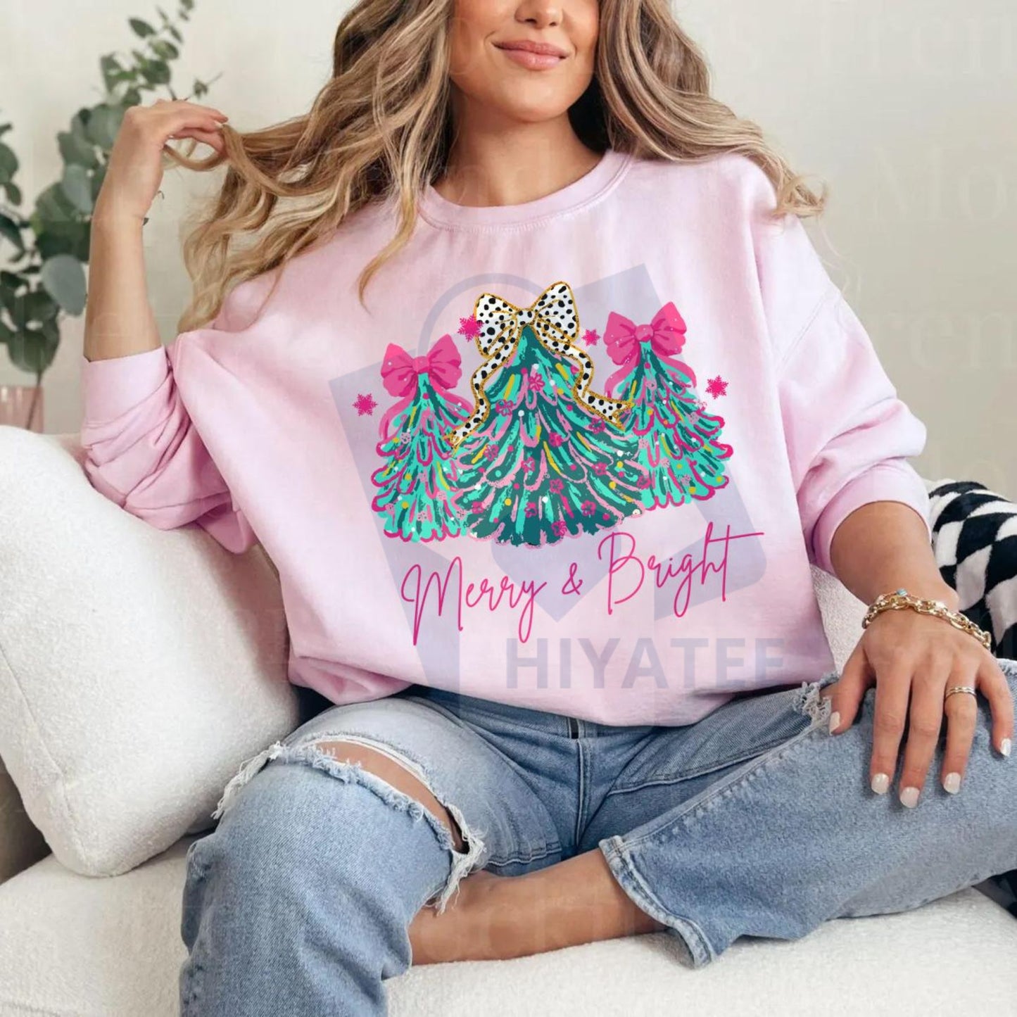 Merry & Bright Christmas Sweatshirt: Pink Xmas Tree Pullover with Festive Bow & Lights, Cute Jolly Mom Crewneck Apparel