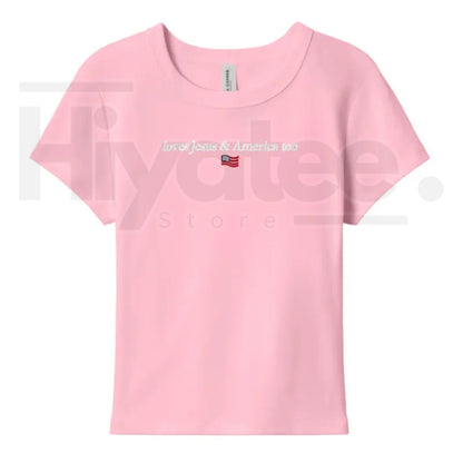 Faith & Freedom Baby Tee – Women's Patriotic Christian Graphic Shirt, Embroidered Jesus & America Fitted Crewneck