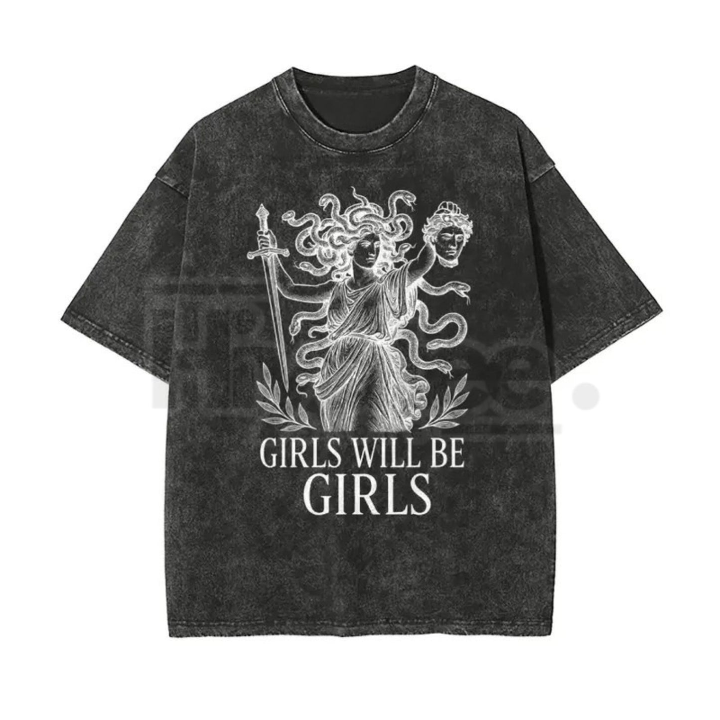 Girls Will Be Girls Medusa T-Shirt – Vintage Washed Graphic Tee, Lightweight Retro Greek Mythology Streetwear, Unisex Oversized Top