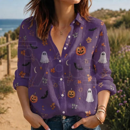 Halloween Ghost Pumpkin Fall Blouse – Spooky Long Sleeve Top, Cute Trick or Treat Shirt & Autumn Leaves Apparel