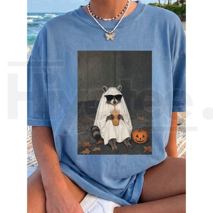 Comfort Colors Ghost Raccoon Iced Coffee T-Shirt – Funny Spooky Halloween Tee
