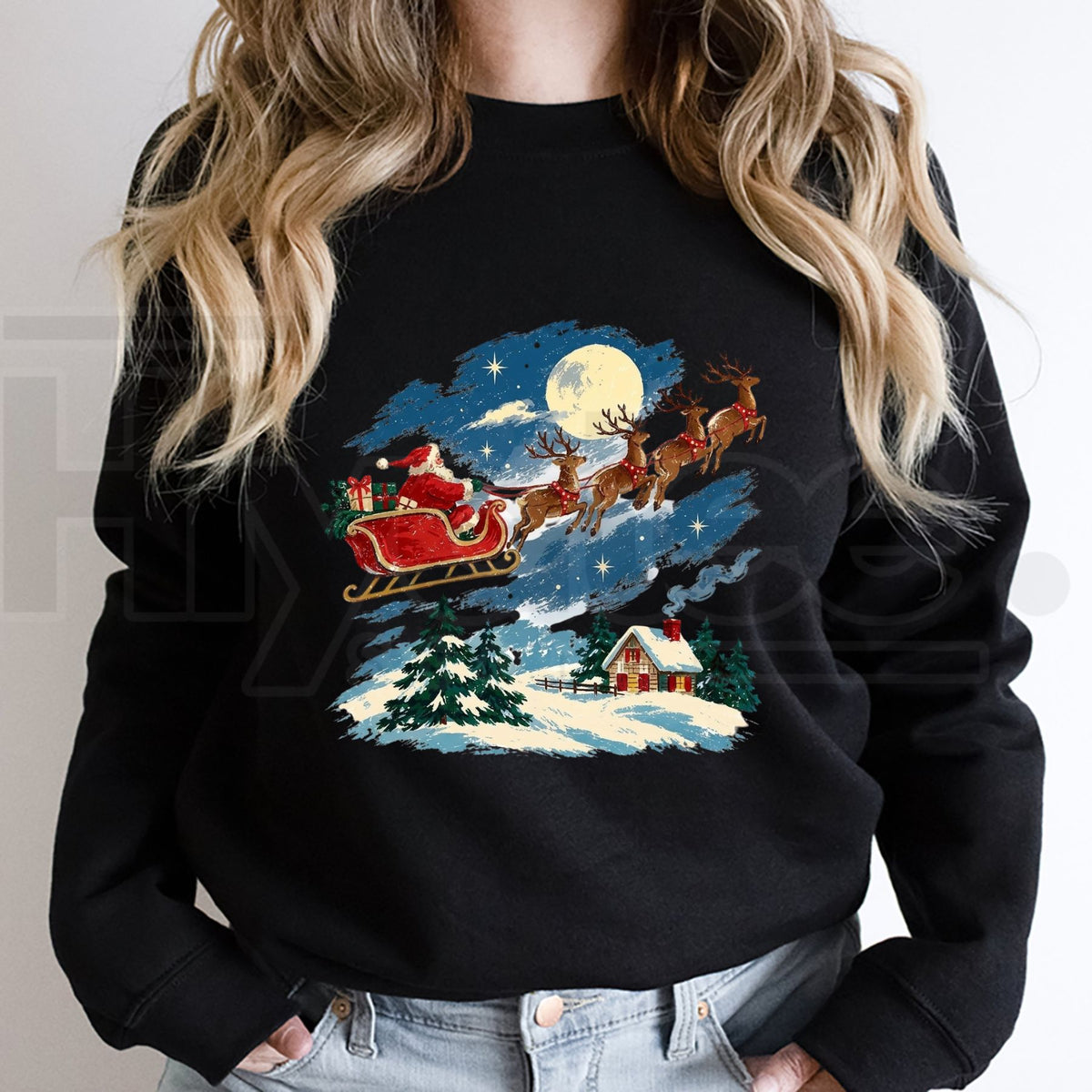 Vintage Santa Sleigh Reindeer Christmas Sweatshirt, Snowy Cottage Winter Holiday Pullover