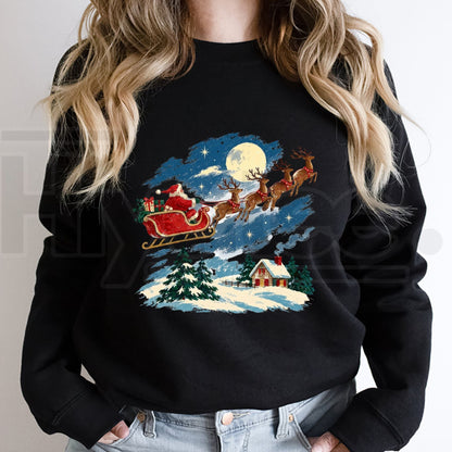 Vintage Santa Sleigh Reindeer Christmas Sweatshirt, Snowy Cottage Winter Holiday Pullover
