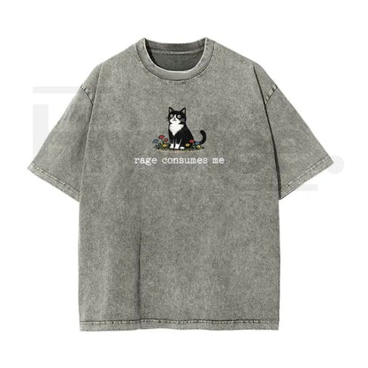 Funny Cat Meme Vintage Washed T-Shirt – “Rage Consumes Me” Oversized Cotton Graphic Tee