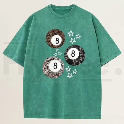 Women's Acid Wash 8 Ball Leopard & Stars Graphic T-Shirt – Retro Streetwear Cotton Tee