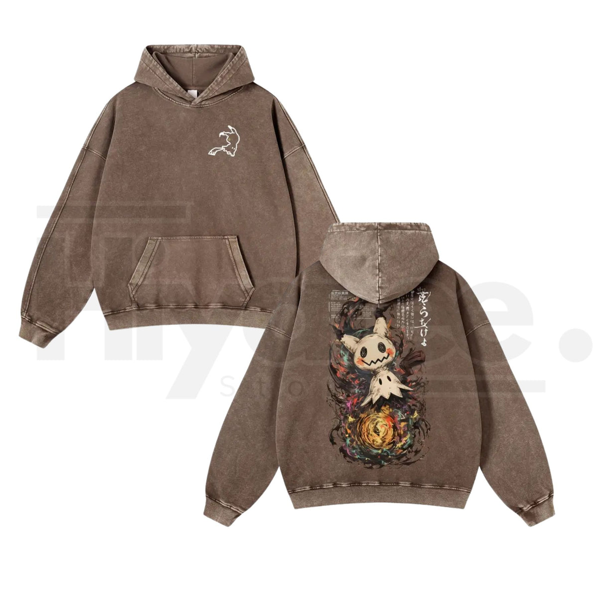 Mimikyu Japanese Ink-Wash Hoodie – Vintage Washed Yokai Graphic