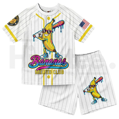 Dabbing Banana Retro American Flag Kids Baseball Jersey Set – Patriotic Athletic Mesh Outfit for Boys & Girls