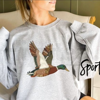 Retro Patchwork Mallard Duck Pattern Sweatshirt, Vintage Cabin Graphic Pullover