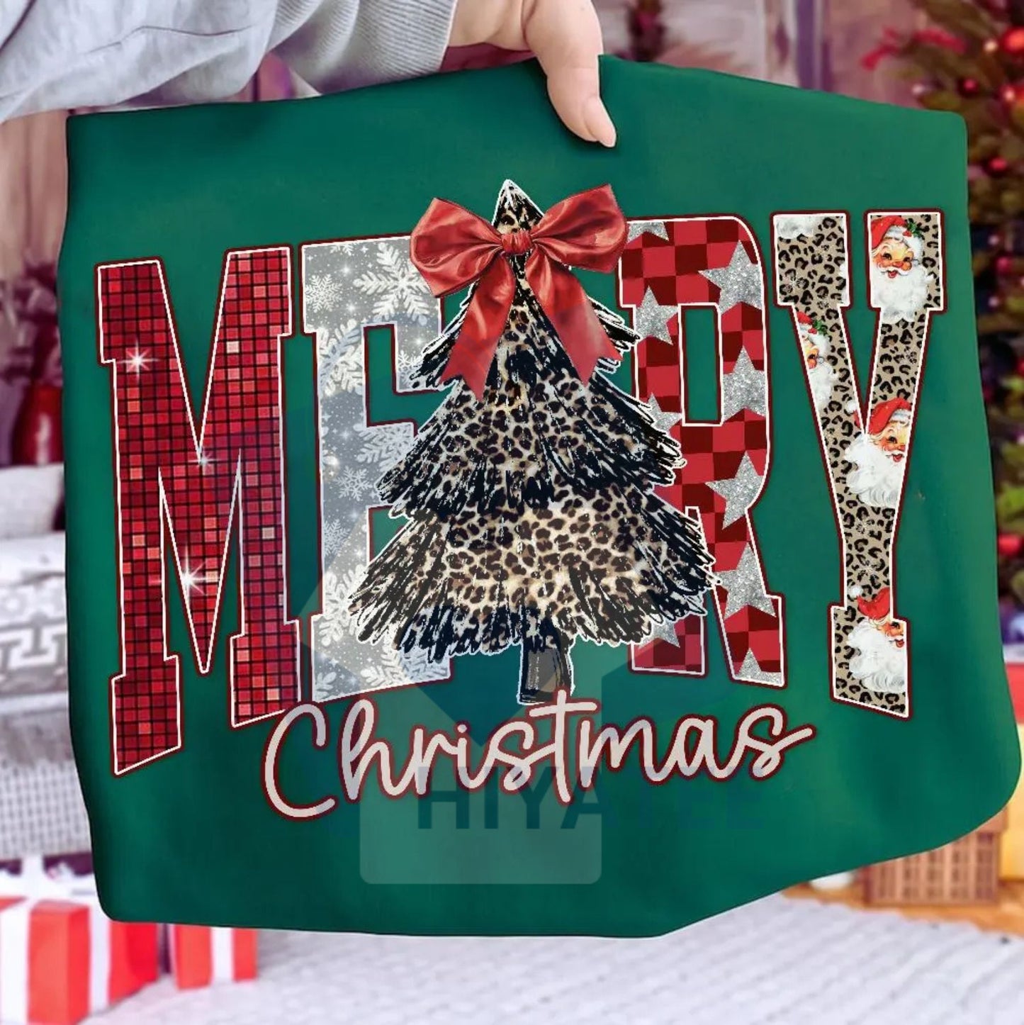 Coquette Merry Christmas Shirt: Checkered Star Leopard Letters