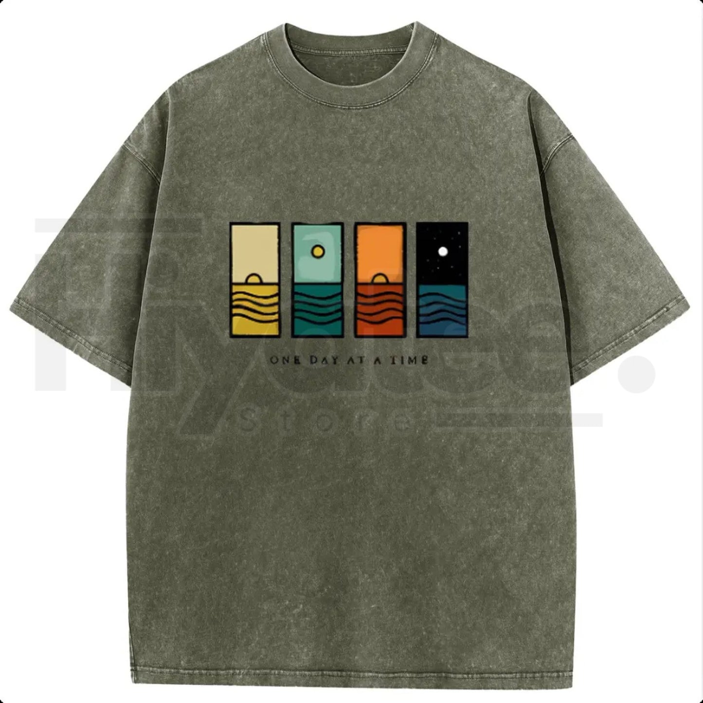 "One Day At A Time" Holafish – Oversize Acid Wash Vintage Graphic Top