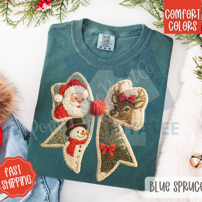 Knit Christmas Bow Shirt Comfort Colors – Trendy Women's Holiday T-shirt, Vintage Faux Knit Aesthetic Tee