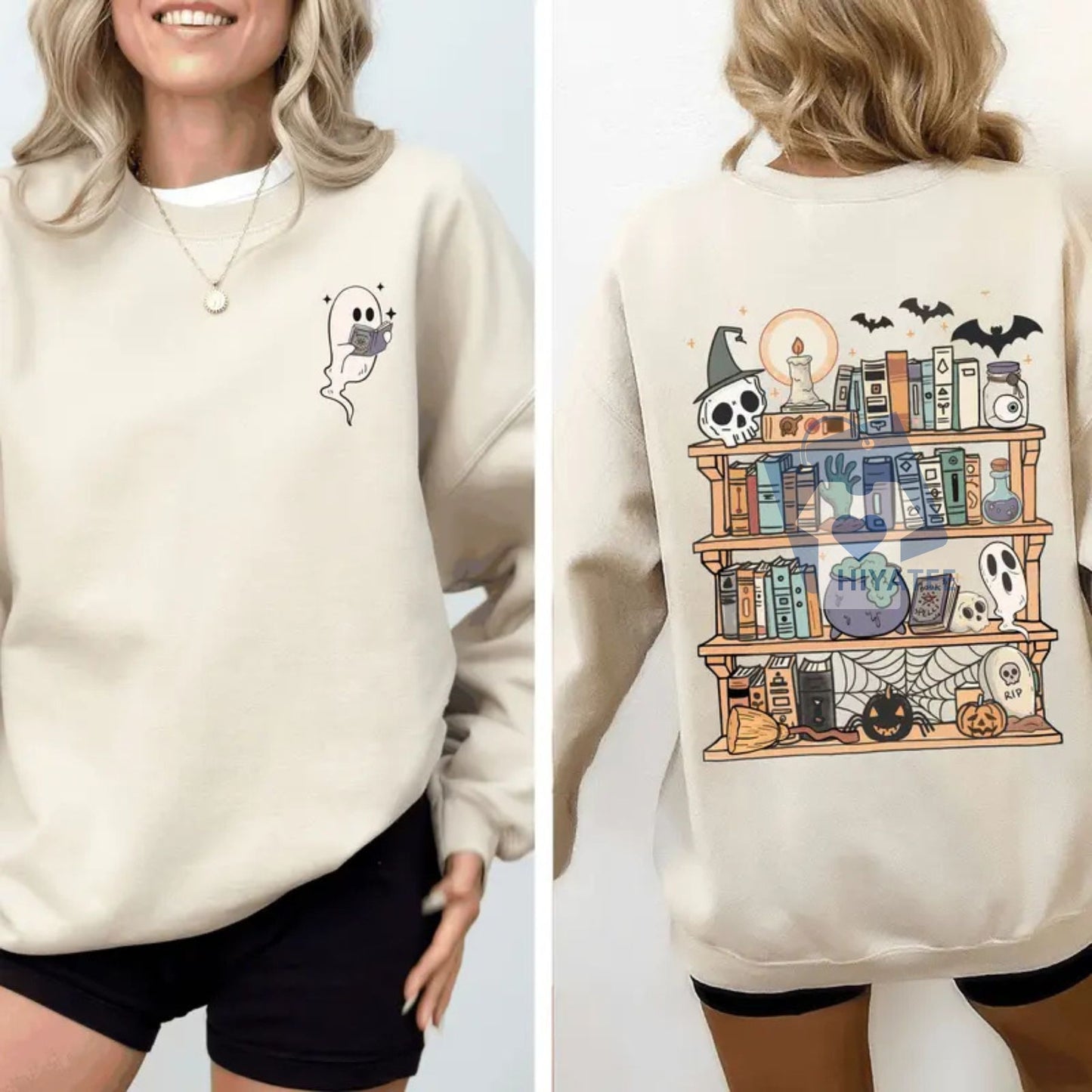 Reading Ghost Sweatshirt – Spooky Halloween Library Crewneck for Teachers & Book Lovers, Cute Front & Back Design