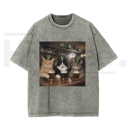 Unisex Cat Shamrock Vintage Washed T-Shirt – St. Patrick’s Day Graphic Tee