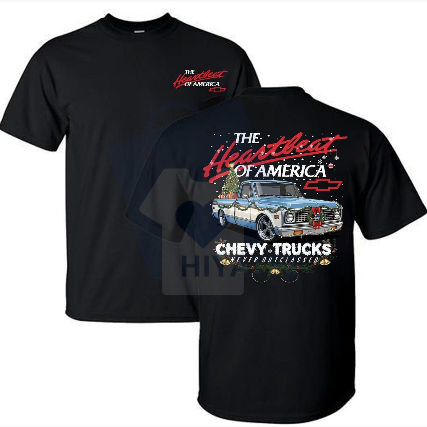Retro Chevy "Heartbeat of America" Christmas T-shirt – Vintage Holiday Motors Tee
