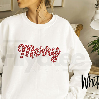 Embroidered Merry Christmas Sweatshirt, Candy Cane Holiday Graphic Pullover