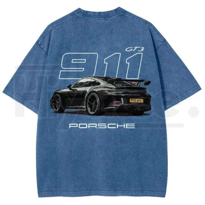 Heavyweight Vintage Washed Grey Porsche 911 GT3 Graphic T-Shirt – Retro German Supercar Track Day Tee