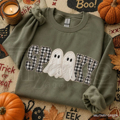 Faux Patchwork Spooky Ghost Sweatshirt – Cozy Fall Halloween Gingham Applique Crewneck